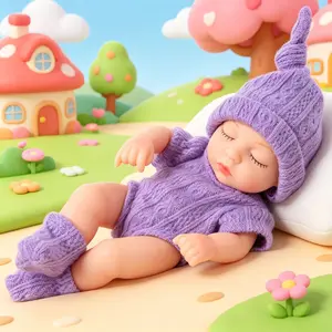 Realistic Sleeping Baby Doll - 7-Inch Lifelike Mini Newborn Doll with Purple Knitted Outfit, Full Body Washable Vinyl Toy Gift for Girls