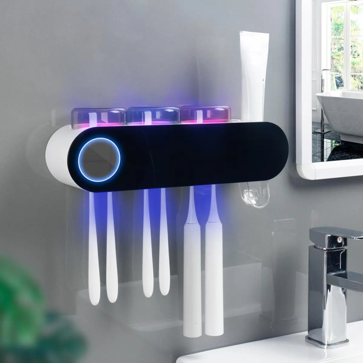 Toothbrush Sanitizer and Holder -  Toothbrush Holders for Bathrooms with Toothpaste Dispenser, Electric Toothbrush Holder Wall Mounted, 3 Cups,Toothpaste Dispenser, Solar Powered Battery & Breathing Light – Smart Home Organizer - B