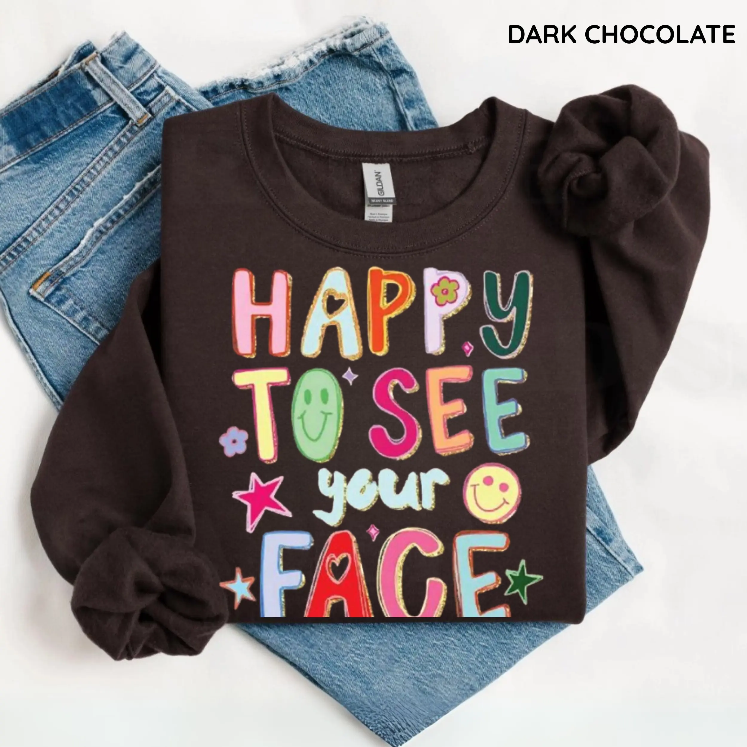 Gildan Happy To See Your Face Sweatshirt, Teacher Back to School Sweater, Doodle Stars Crewneck, Fun Teacher Gift, Cute Back to School Teacher Apparel