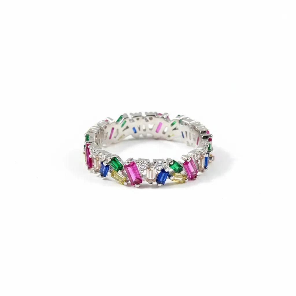 Unisex Churumbela Ring - Cubic Zirconia Stones, Baguette-Cut Colorful Gems, Sizes 7-9, Fashion Costume Jewelry Accessory, Unisex Ring