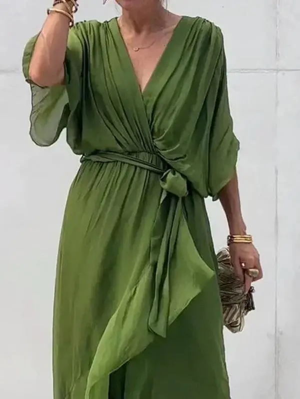 Women's V-Neck Chiffon Midi Dress, Casual Solid Green Gown with Open Back Tie, Adaptable and Easy to Keep Clean, Extremely Adaptable, Fashion, Carefully Selected Models
