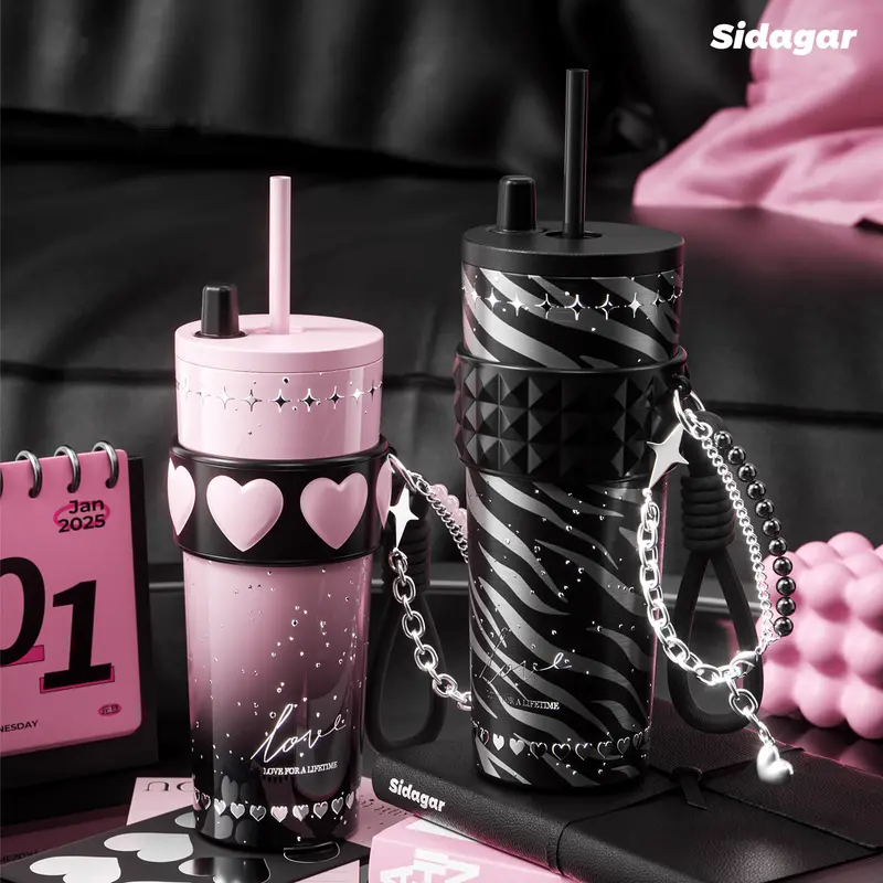 [Sidagar] Water Bottle For Tumbler Cup, Heart Band Drinkware With Bracelet Charm, 316L Stainless Steel with Ceramic-Coated Interior Coffee Cups, Leak-Proof Straw Lid, Portable Flask, Fits Car Cup Holder, Women Gifts Boy Gifts24oz Bottled Insulation