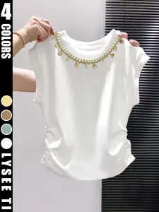 Women's top vest, white shell woven collar, casual and elegant Fitted vest