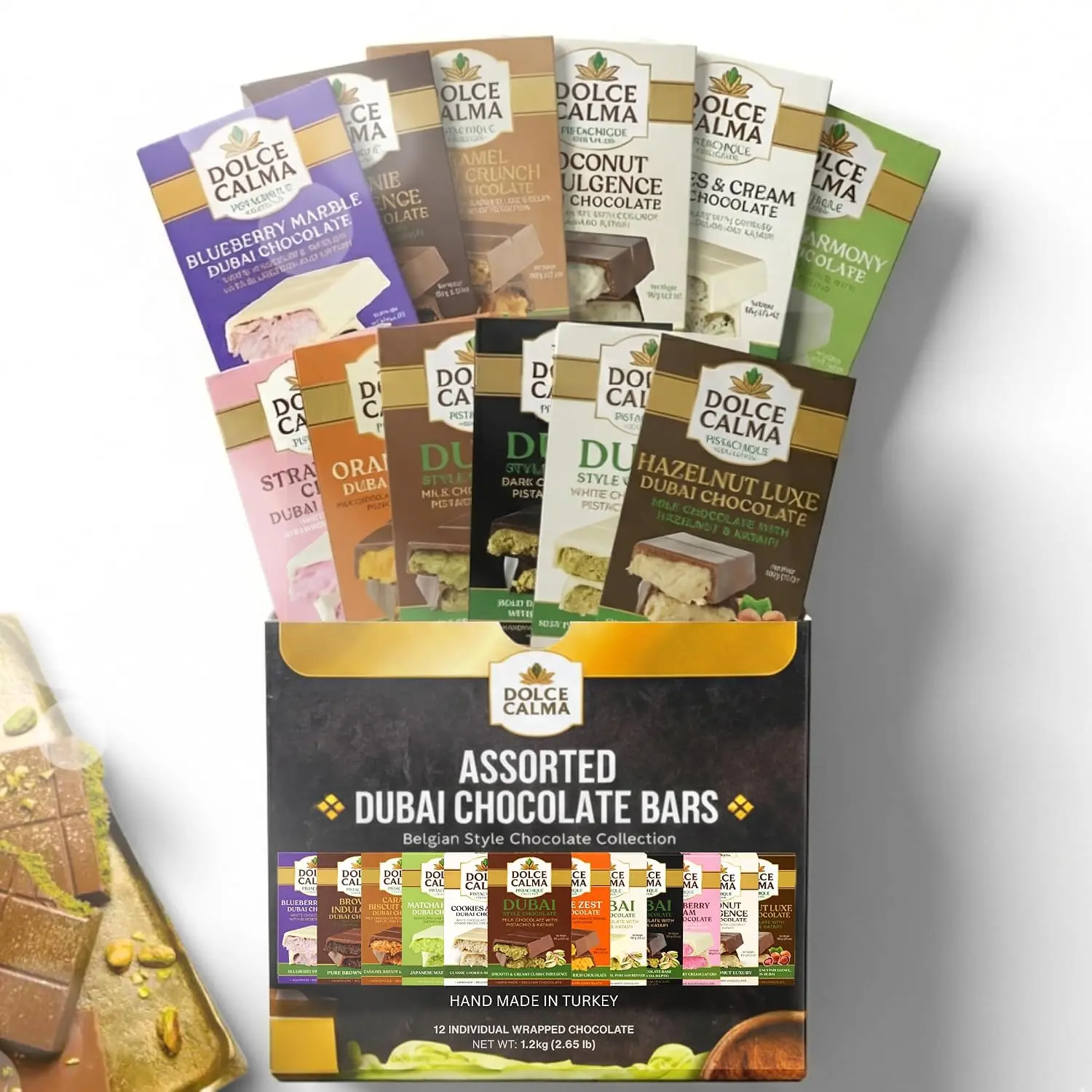 Dolce Calma Dubai Chocolate Bars Assortment (12x100g / 42.5oz / 3.5 oz Each) – Viral Authentic Handmade Belgian Chocolate with Turkish Pistachio & Crispy Kataifi, Premium Quality Gift, No Palm Oil