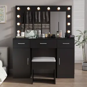[Bellemave]Vanity Desk Set with Large Lighted Mirror and Powre Outlet, Glass Top Makeup Vanity with 3 Drawers and 2 Cabinets, Vanity Table with 12 LED Lights, 3 Lighting Color Adjustable