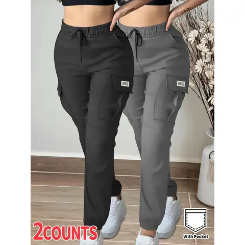 2pcs Women's Casual Cargo Pants, Spring/Autumn Lightweight with Elastic Waistband, Drawstring, Pockets, for Daily Casual Outdoor Wear