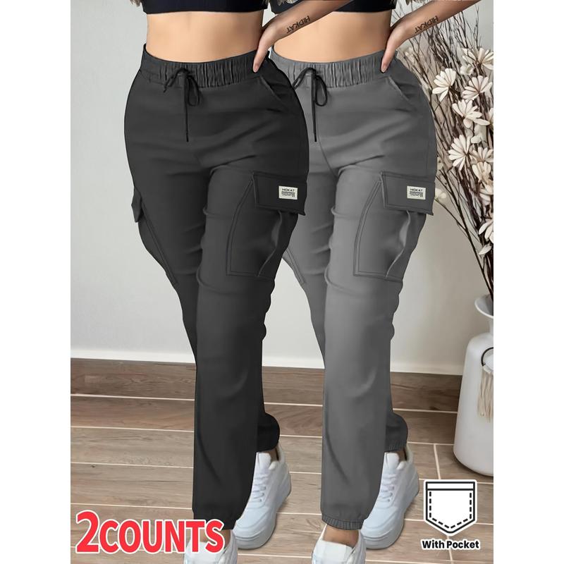 2pcs Women's Casual Cargo Pants, Spring/Autumn Lightweight with Elastic Waistband, Drawstring, Pockets, for Daily Casual Outdoor Wear