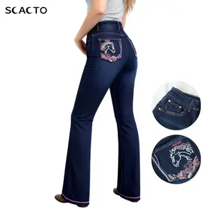 Scacto Women's Western Bootcut Jeans Mid-Rise Stretch Denim with Horse Embroidery Pink Contrast Stitching Classic Cowgirl Rodeo Style for Country Concerts Daily Wear Navy Blue Skinny Pants