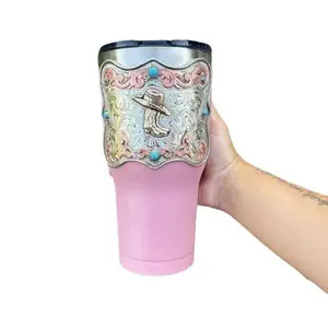 Cowgirl Western Pink and Stainless Steel Tumblers | Handcrafted with Turquoise Stones | Western Drinkware