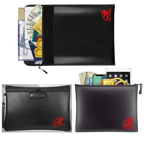 QLASH Fireproof Document Bag with Water Resistant Zipper, Important Document Organizer & Money Bag for Home Office, Large Storage Pouch for Cash, Passport, Legal Documents (Bolsa para Documentos y Dinero)
