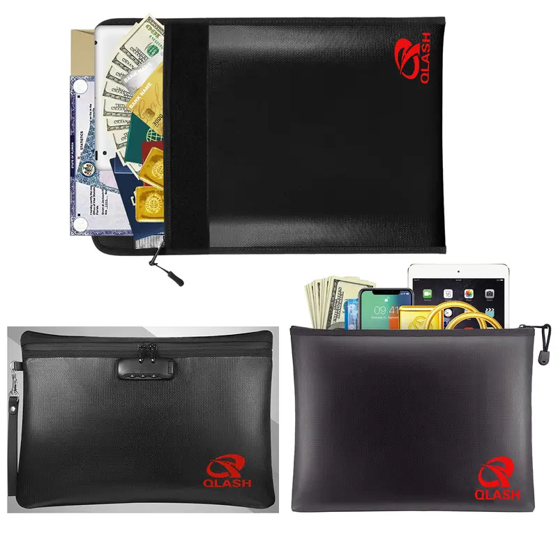 QLASH Fireproof Document Bag with Water Resistant Zipper, Important Document Organizer & Money Bag for Home Office, Large Storage Pouch for Cash, Passport, Legal Documents (Bolsa para Documentos y Dinero)