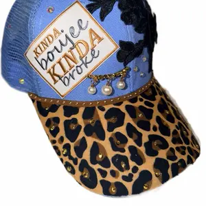 Kinda Boujee Kinda Broke Blue Leopard Print Baseball Cap with Pearl Embellishments and Studs