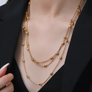 Never Fade Vacuum Plated Stainless Steel Layered Bead Necklace Long Minimalist Chain Elegant Simple Dainty Jewelry for Women Gift Trendy