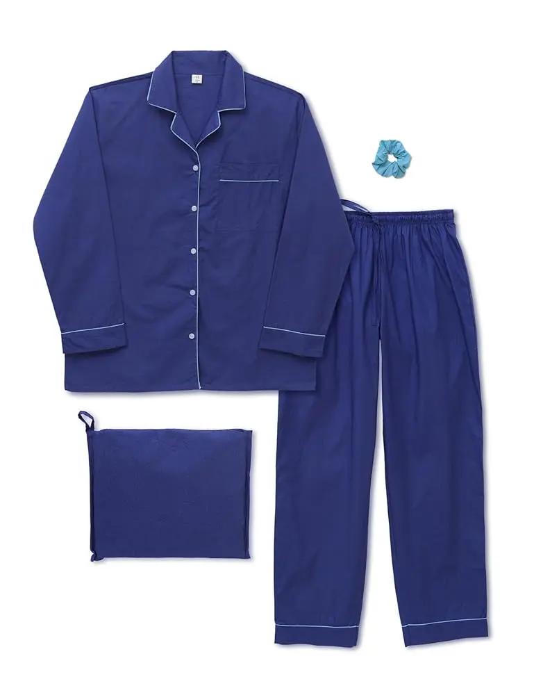 Women's Cozy 100% Cotton Pajama Set - Soft Long Sleeve Sleepwear With Hair Tie and Storage Bag