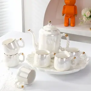 8-Piece Ceramic Water Set, Includes 1.2L Large Jug, 6 Cups, 13in Tray, Pearl Tea Set, Tea Pot Set, Perfect Gift for Parents, Friends, Relatives, Ceramic Matcha Set