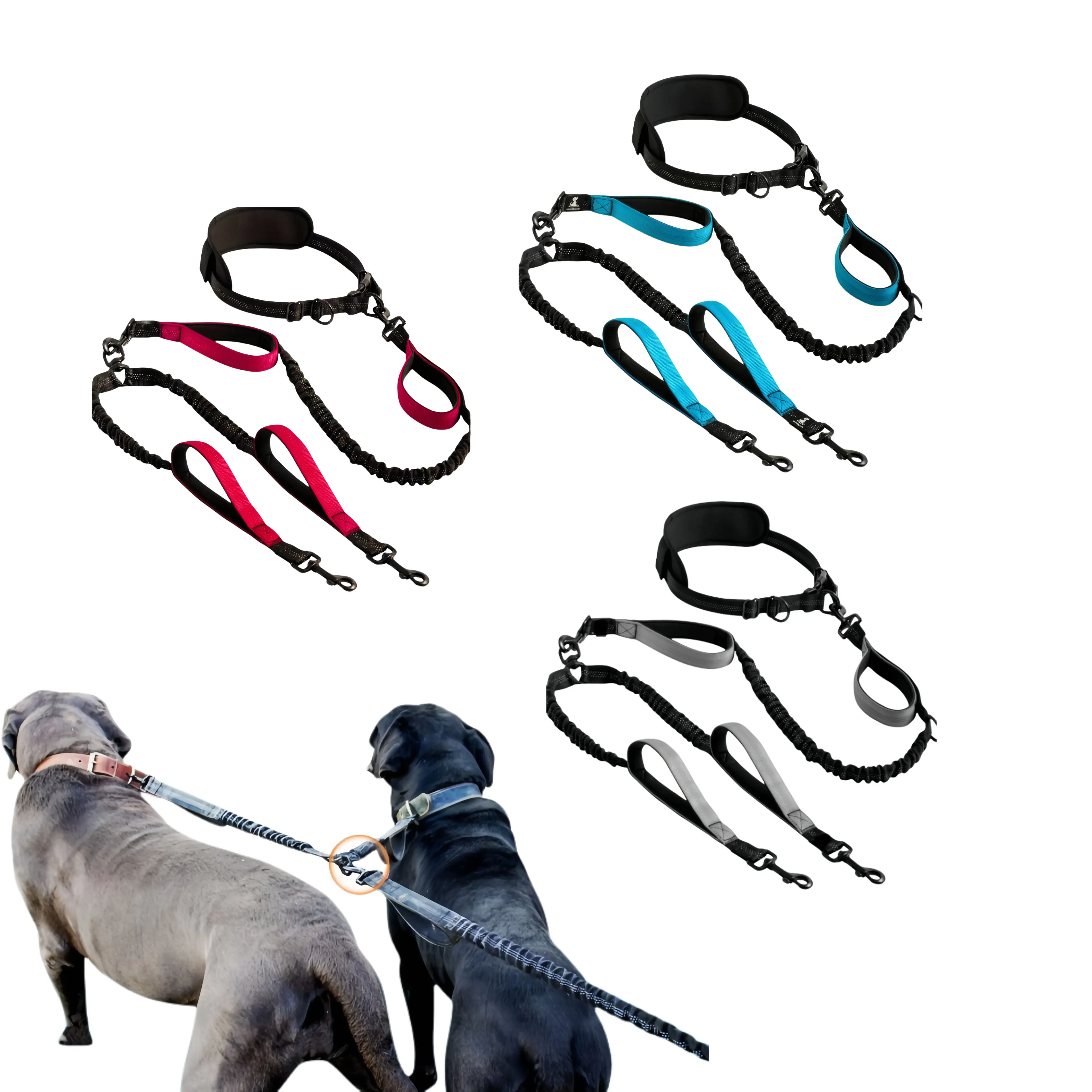 Hands-Free Dual Dog Leash with Padded Comfort 360° Swivel Clasp No Tangle Adjustable Length for Walking Two Dogs