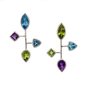 Silver Asymmetrical Blue Topaz, Amethyst, Peridot Earrings