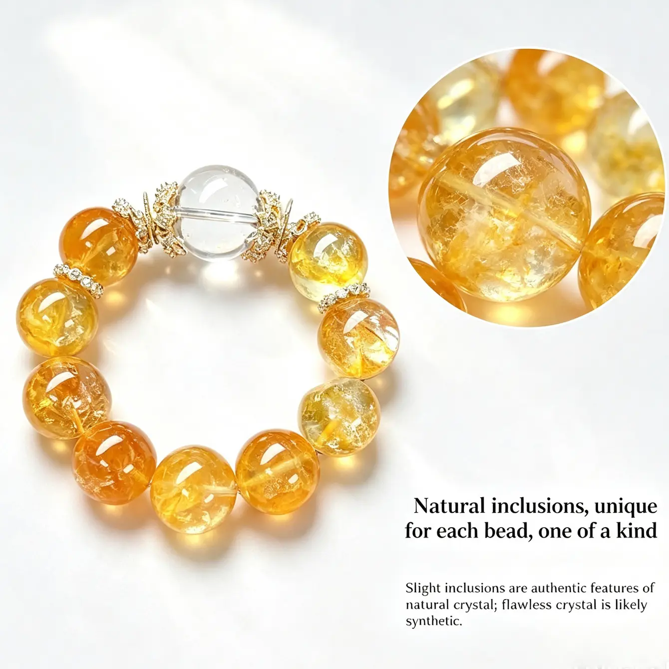 Gold Bracelet 55usd - Elegant Yellow Beads with Clear Center Stone and Gold Accents