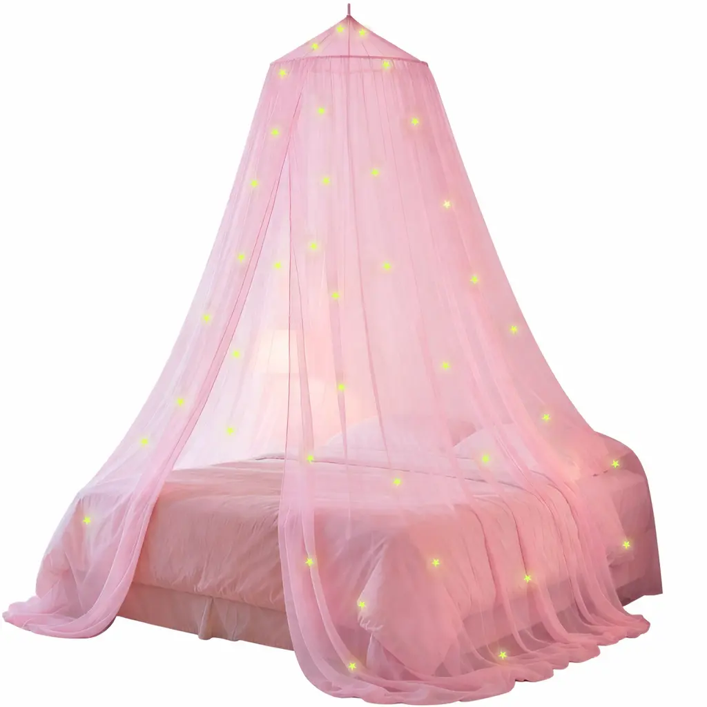 Premium Pink Princess Bed Canopy for Girls - Mesh & Mosquito Netting, Ceiling Tent Drapes for Single, Twin, Full & Queen Sizes, Luminous Star Light, No-Wash Design for Reading Nooks & Outdoor Use