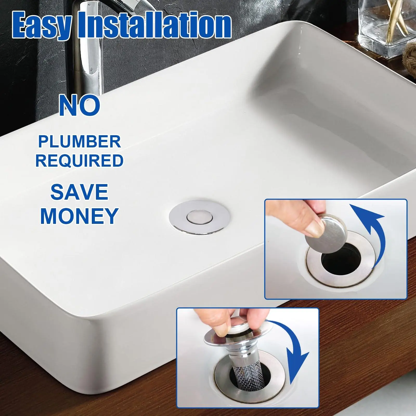 Sink Drain Filter with Stainless Steel Removable Basket, Pop-Up Drain Plug with Hair Collection Design, Bathroom Bathtub Drain Strainer for Preventing Blockages and Simplifying Maintenance