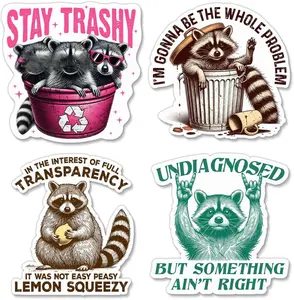 (4 Pcs) Funny Raccoon Sticker – Raccoon Gift, Stay Trashy, Sarcastic Humor Sticker for Laptop, Water Bottle, Phone, Journaling, Hard Hat, Car Bumper