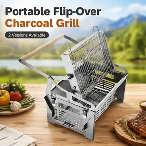 360° Rotating BBQ Grill, 304 Stainless Steel Portable Flip-Over Charcoal Grill with 2-Layer Basket