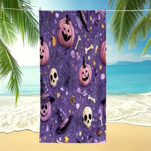 Purple Halloween Spooky Pumpkin & Skull Print Beach Towel, Witchy Themed Pool Towel, Soft Absorbent Camping Towel, Multi-Use Bath Towel Blanket with Vivid Digital Print, Quick-Dry for Summer Beach & Outdoor Use