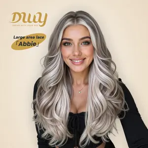 Abbie -DWY 13×6 Lace Front Free Part Mid-Length Wavy Platinum Blonde with Highlights Glueless Synthetic Wig with Baby Hair for Women 22 Inches Volume