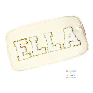 Custom Chenille Letter Nude Makeup Bag / Design On A Live Makeup Bag / Confetti Glitter Cream Chenille Letter Patch Makeup Pouch