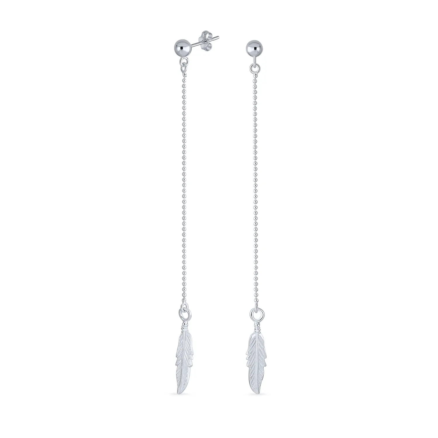 .925 Sterling Silver Boho Beaded Ball Chain Dangle Long Feather Leaf Earrings Western Jewelry