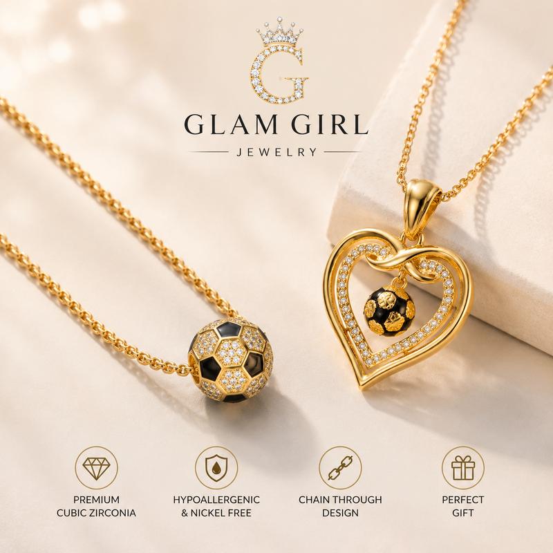 2 Piece Couples Soccer Necklace Set, Matching Gold Tone Football Pendant Necklaces for Him and Her, Soccer Ball Charm and Rhinestone Heart Jewelry, Romantic Anniversary Birthday Gift for Boyfriend Girlfriend
