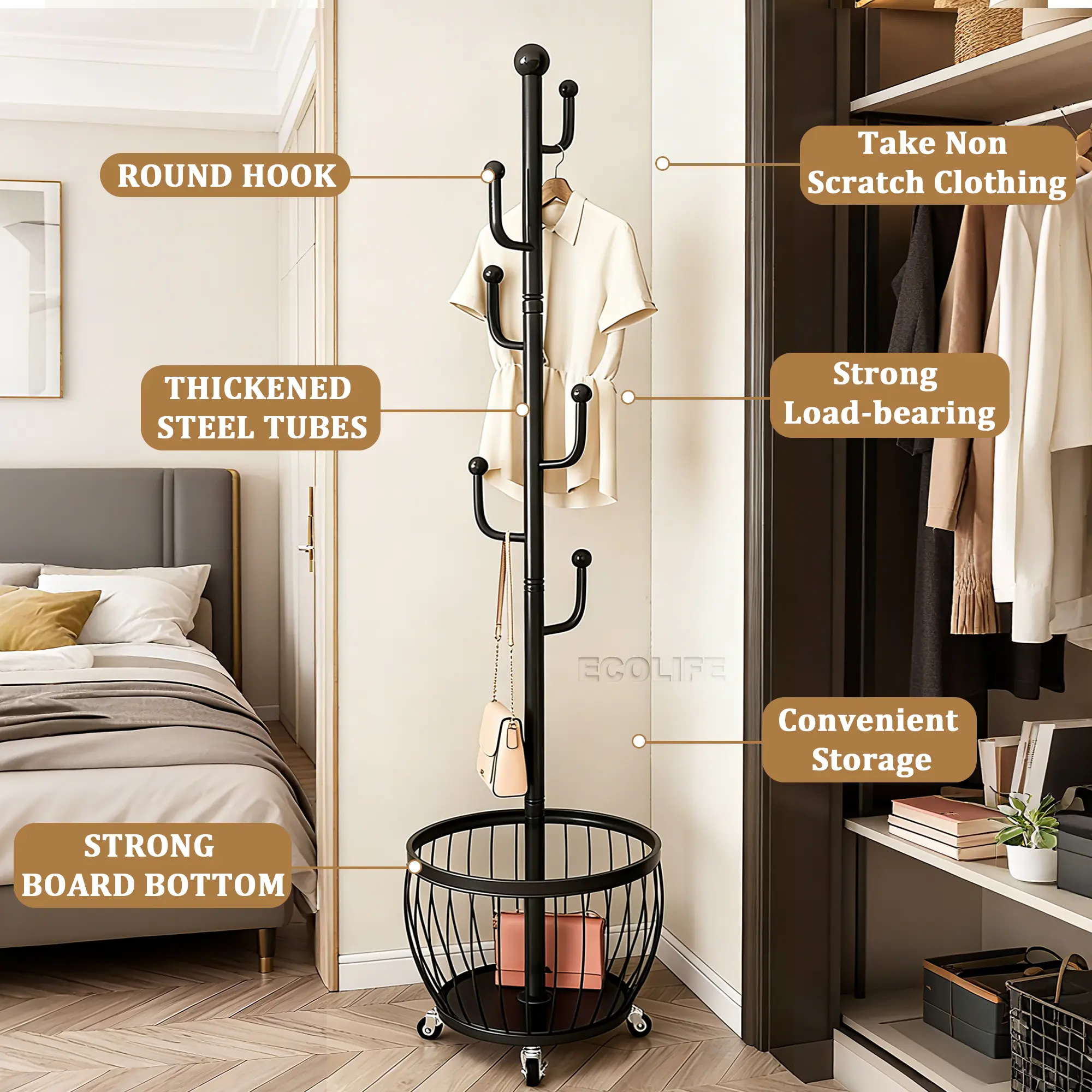 2-in-1 Heavy-Duty Freestanding Rolling Coat Rack with Storage Basket - Mobile Garment Hanger Suitable for Entryway, Bedroom, Living Room, Bathroom - Space-Saving Organizer with Round Hooks & Wheels, Multi-Room Furniture