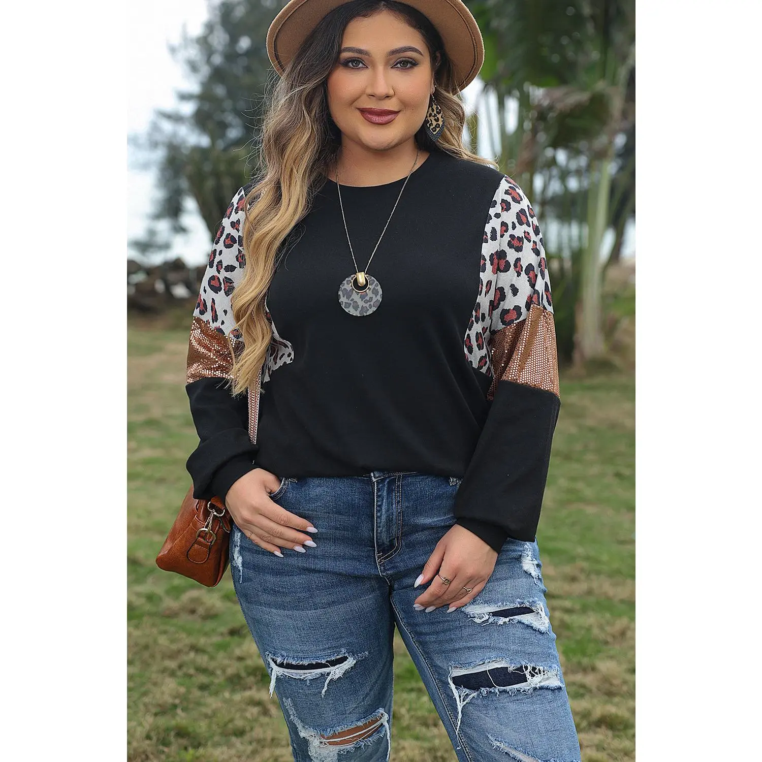 Black Leopard Sequin Patch Plus Size Long Sleeve Top