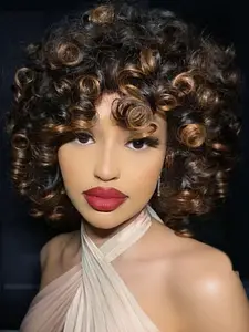 Short Fluffy Curly Wigs for Women, Soft Gorgeous Loose Wig with Bangs, Natural Looking Wig, Synthetic Wigs for Daily Vintage and Costume Party Use, Synthetic Curly Hair, Stylist Friendly Wig（14 Inch）