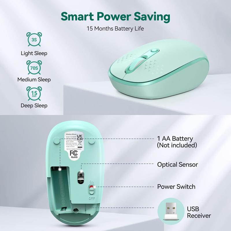 for Laptop, 2.4G Quiet Computer  with USB Receiver, 4 Buttons Portable Cordless Mice for Chromebook, Laptop, PC, , 800/1200/1600 DPI - Mint Green