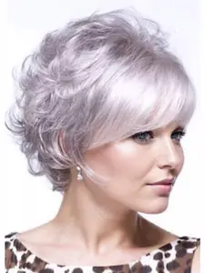 8 Inch Short Mixed Gray Wigs for Women, Loose Curly Pixie Cut Wigs with Bangs Synthetic Hair Wig for Older White Women, Suitable for Daily Wear, Christmas Cosplay & New Year Carnival Wear