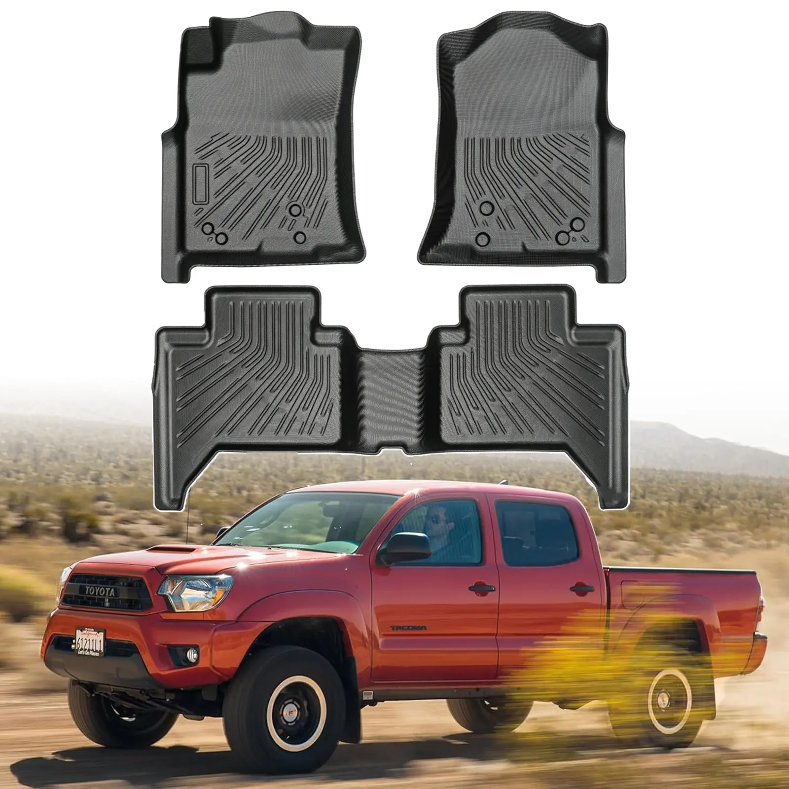Canvcle Custom-Made Heavy-Duty Eco-TPE Car Floor Mats for Toyota Tacoma Double Cab 2005-2015, Curved Deep-Tread Waterproof Antislip All-Weather Liners, Car Truck Accessories