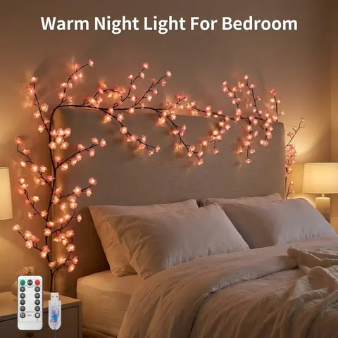 LED Cherry Blossom Tree Branch Fairy Lights - 7.55FT 144LEDs Willow Vine Garland, 1.2m 48LEDs, 1.6m USB Cable, Timers, Color Changing, 8 Lighting Modes, Remote, Room Inspo Aesthetic Whimsy Home Decor Mood Lighting for Holiday (Wedding, Christmas)