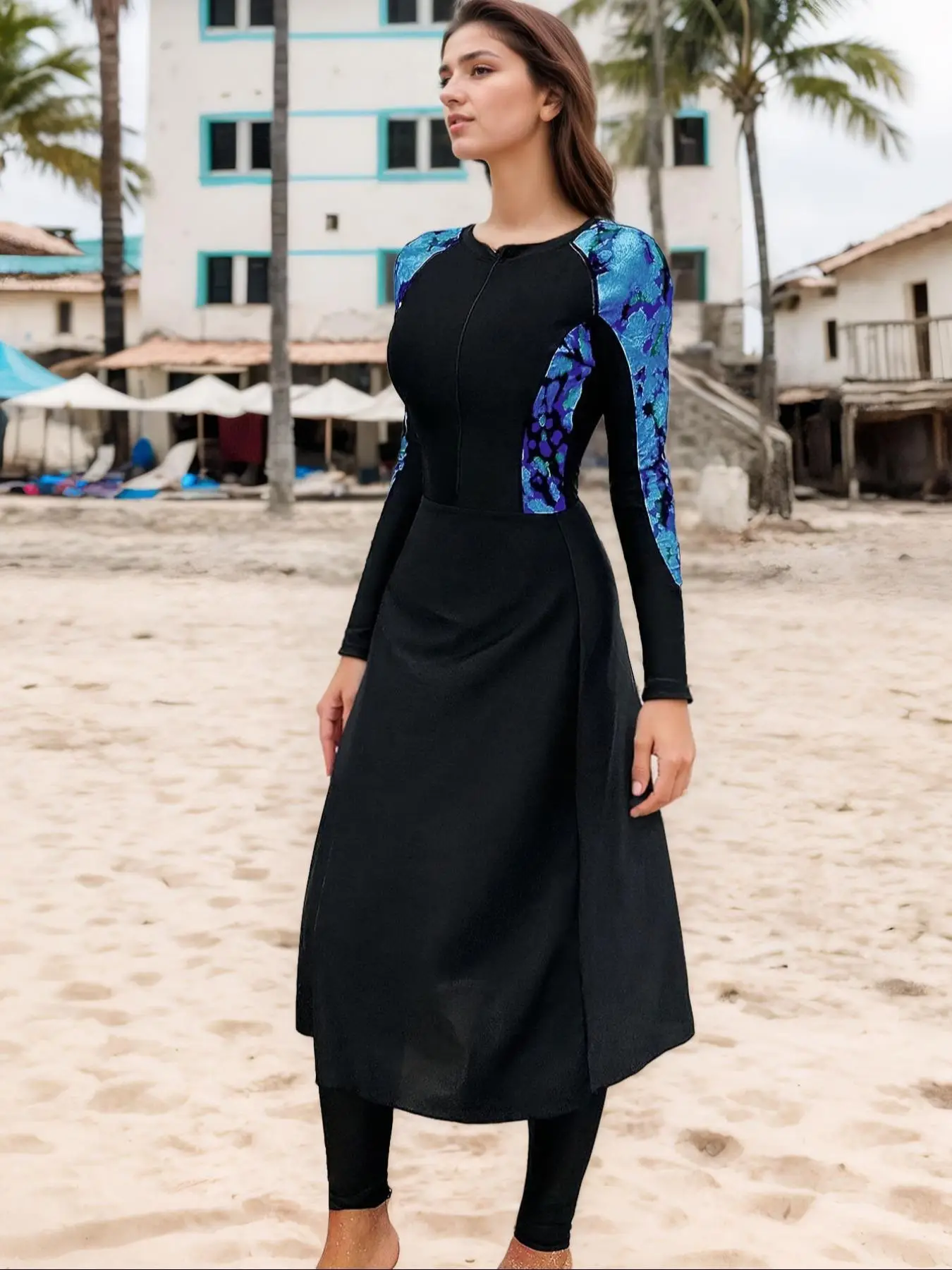 Women's Floral Print Long Sleeve Swim Dress & Skinny Swim Pants Set, Modest Casual Swimwear Set for Beach Holiday Vacation, Ladies Swimsuit for All Se