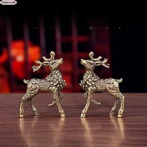 Pure Brass Sika Deer & Elk Figurines (1 Pair) Lucky Home Decor with A Deer Has You Blessing Desktop Ornament Tea Pet for Tea Room Office Shelf Display Vintage Metal Crafts