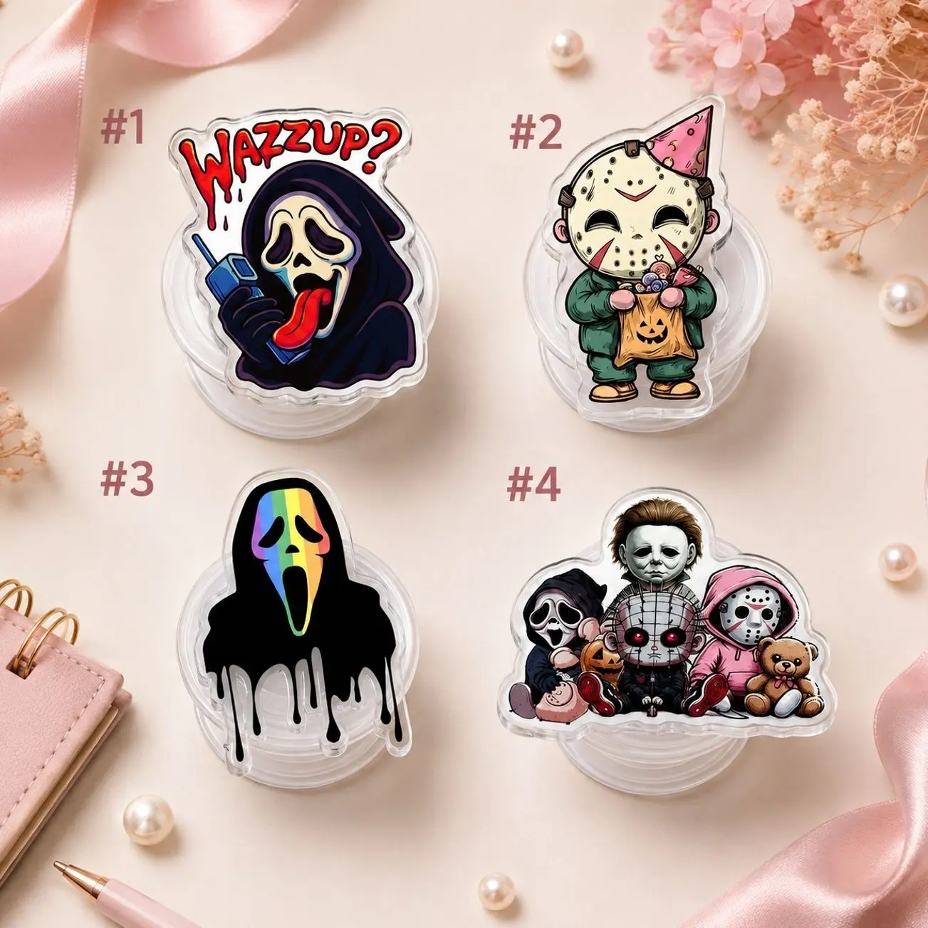 Cute Chibi Horror Character Collapsible Phone Grip Aesthetic Spooky Theme Mobile Accessory for Secure Handling and Hands Free Viewing Experience for Teens and Horror Fans