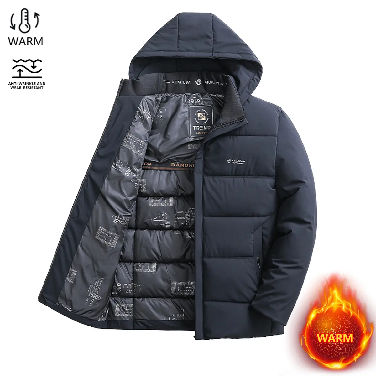 Men’s winter casual jacket, solid color long-sleeve thick hooded mid-length outdoor jacket, coat/jacket, mid-length, front zipper closure, hooded outerwear
