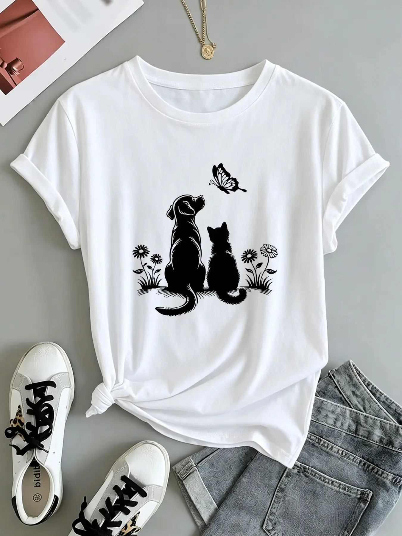 Women's Round Neck T-Shirt, Cat Dog Butterfly Print, Soft Fabric, Casual Daily Wear, Streetwear, Spring Summer, Women's Clothing, Womenswear