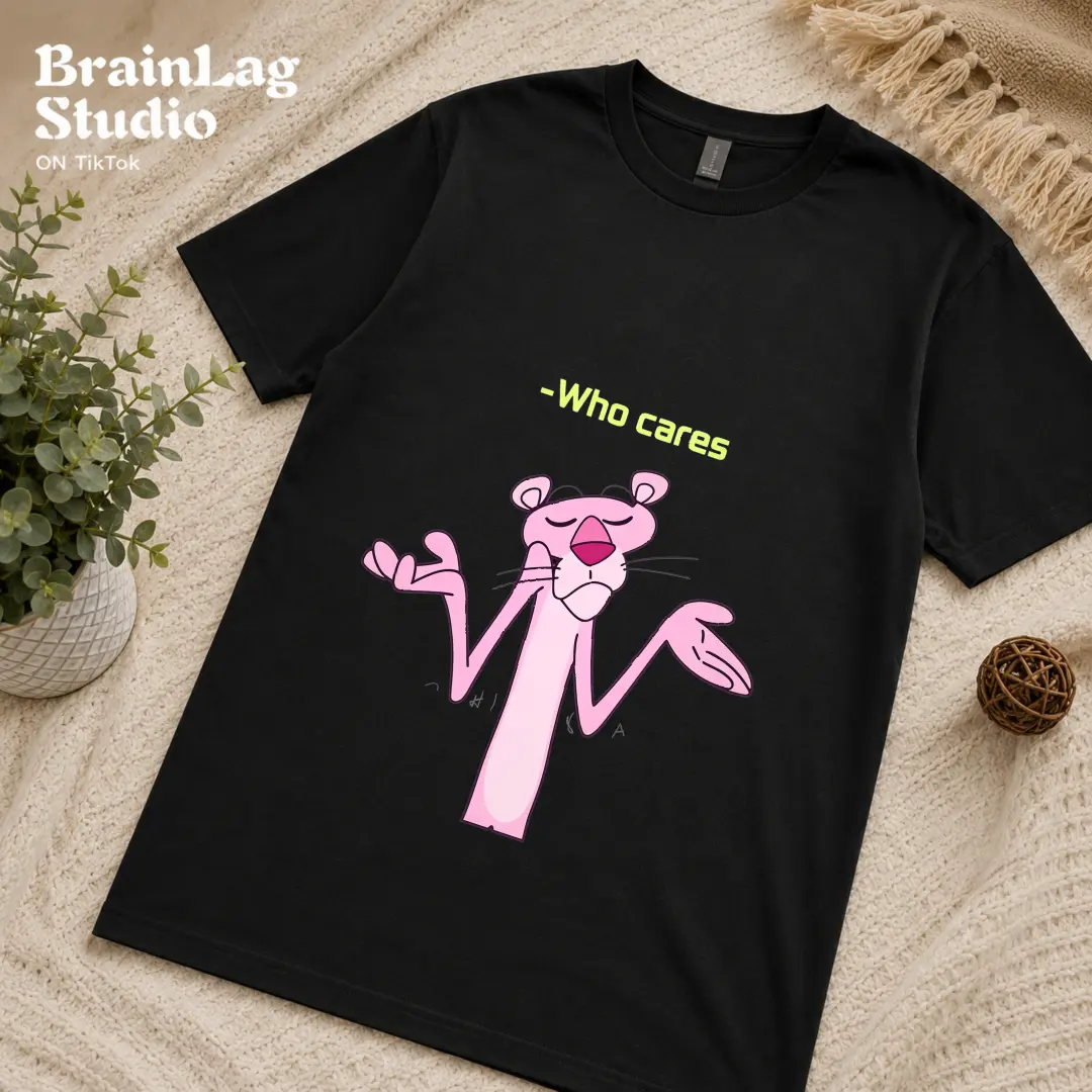 90s Nostalgia Cartoon Print T-Shirt, Minimal Flat Art Indifferent Pink Panther Meme Chill Vibe Short Lime Text Statement Lightweight Casual Tee