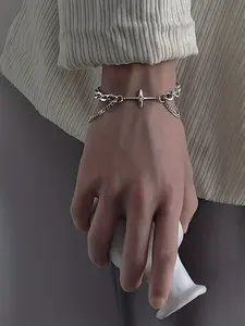 Stainless Steel Hip Hop Bracelet, Retro Design Cross Pendant, Unisex Fashion Accessory for Party & Daily Wear, Durable Stainless Material