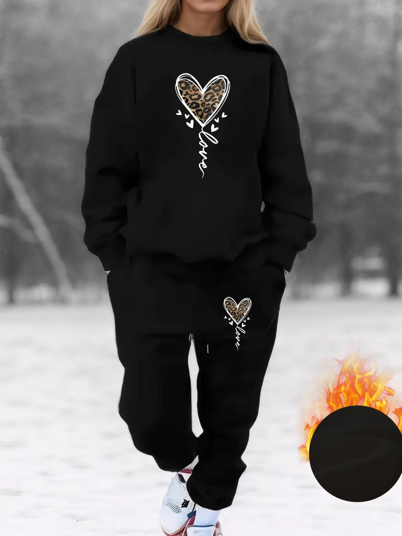 Women's Plus Size Fall Winter Fleece Sweatshirt Set, Heart Love Print Casual Streetwear Long Sleeve Round Neck Top Drawstring Pants Two-Piece