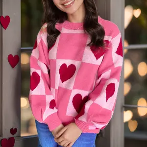Asvivid Pink Love Heart Sweater Color Block Sweet Crew Neck Sweaters for Women - Cozy & Stylish Valentine's Day Long Sleeve Pullover Tops Womenswear Knitwear