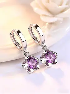 Silver Tone Purple CZ Flower Drop Earrings, Huggie Hoop Earrings with Floral Charm, Elegant Daily Jewelry for Women