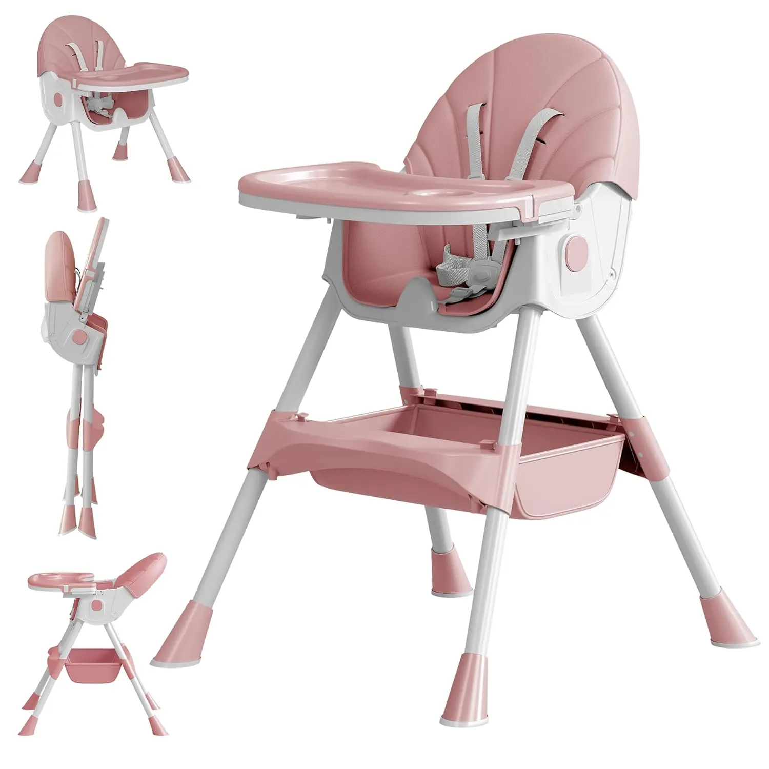 5-in-1 Convertible High Chair with Potty Training Seat for Toddlers, Pink Foldable Design with PU Cushion, Adjustable Recline, Removable Tray & Storage Basket, Detachable Storage Basket, Safety High Chair, Baby Furniture, Multi-Use Seat, Unisex, Precision