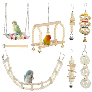 Parakeet Cage Accessories Kit - Natural Wood Swing Perch & Bird Toys for Cockatiel Conure Budgerigar Cages